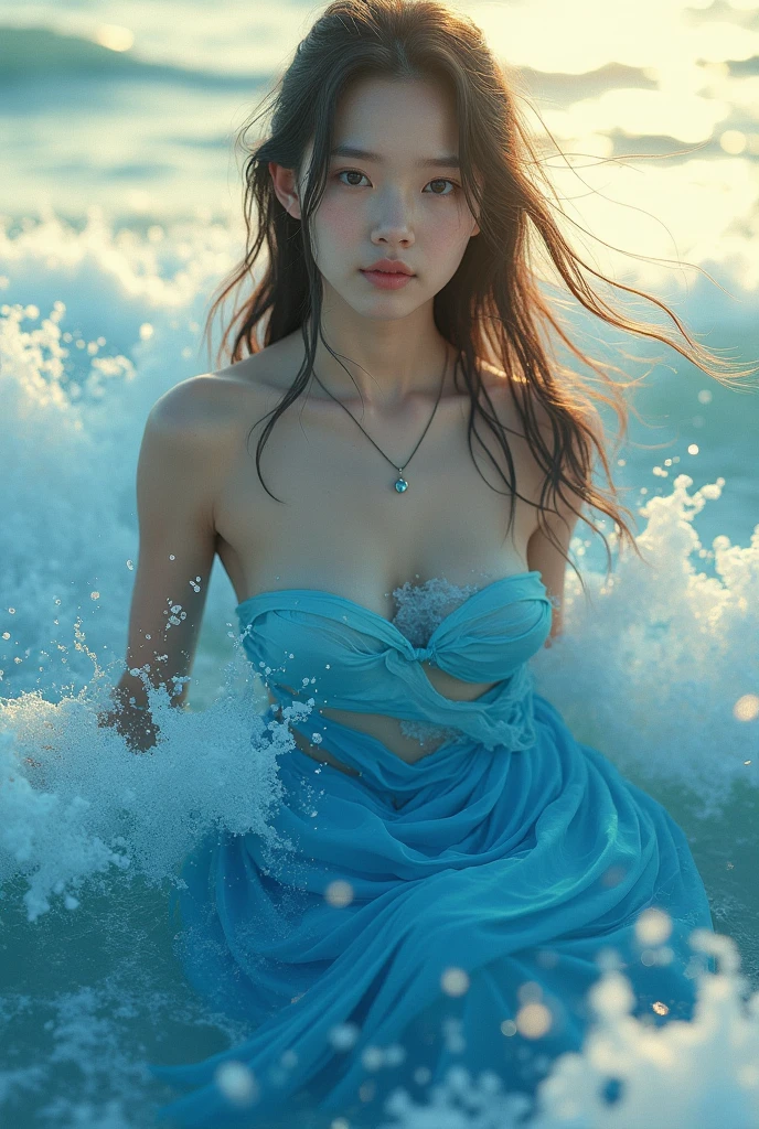masterpiece、8K、32K、highest quality、(cute japanese woman、bangs:1.3)、23 years old、1 girl、elegant、(beach:1.1)、sunset、(huge cleavage:1.2)、sit、(black hair:1.2)