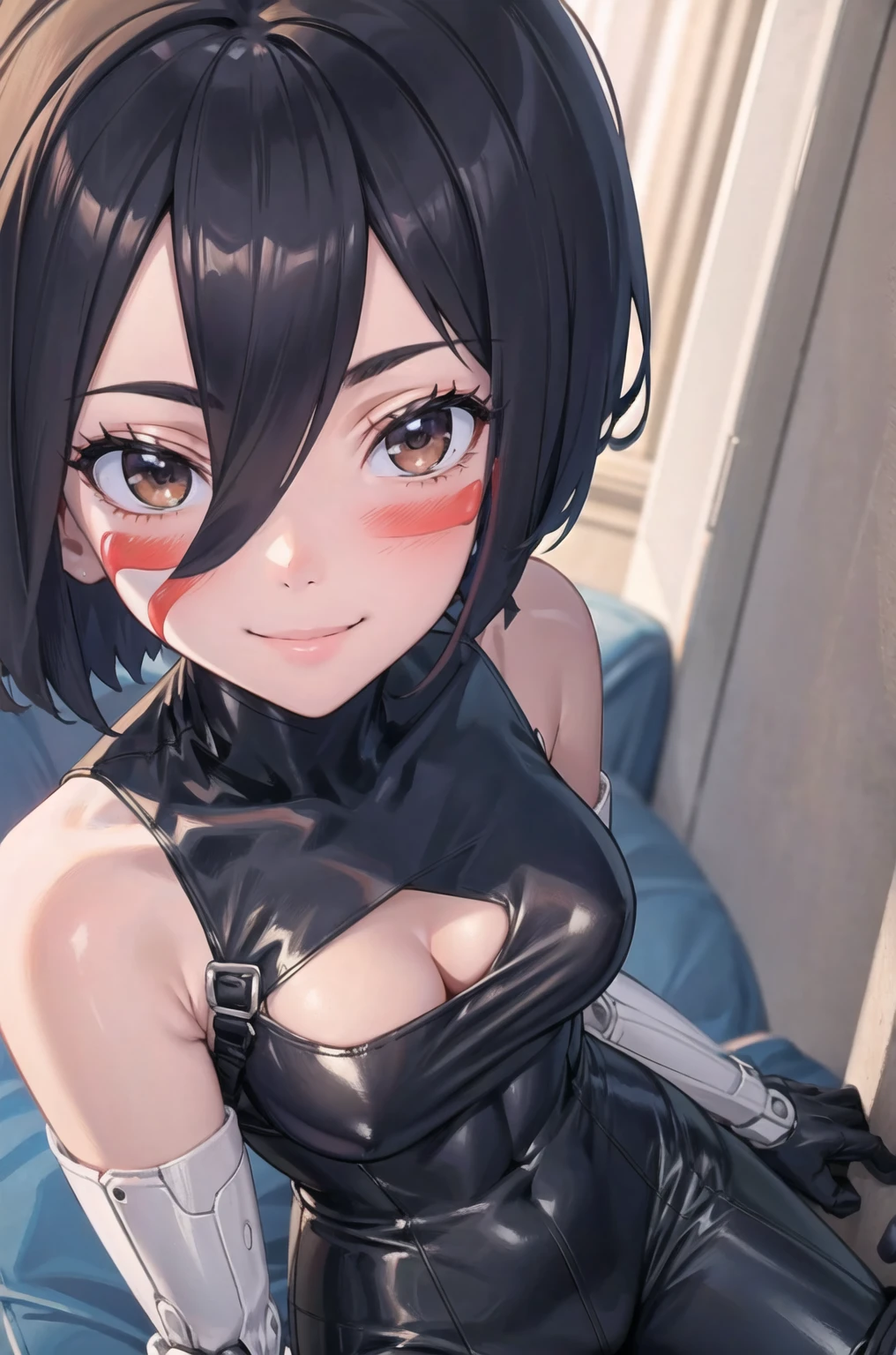 1girl, (masterpiece:1.3), high resolution), (8K), (extremely detailed), (4k), (pixiv), perfect face, nice eyes and face, (best quality), (super detailed), detailed face and eyes, (solo), textured skin, absurdres, highres, gallywz, red facepaint, bare shoulders, mechanical arms,(mechanical hands:1.1),  robot, facial mark, (bodysuit), (pants) ,cyberpunk, brown eyes, black hair, short hair, looking at viewer, cowboy shot, standing, room, cute, smile, blush, sitting, NSFW, flirting with camera, closeups cleavage, adult photo, raw photo