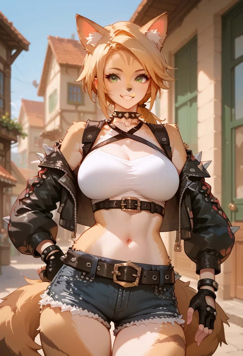 score_9, score_8_up, score_7_up, score_6_up, score_5_up, score_4_up, (masterpiece, best quality:1.2), 1girl, solo, standing, smile, large full breasts, a day town,
BBREAK furry female, animal ears, tail, blonde hair, green eyes, long hair, low ponytail,
BREAK fingerless gloves, belt, jacket, shorts, crop top, denim shorts, spikes, navel, black jacket,