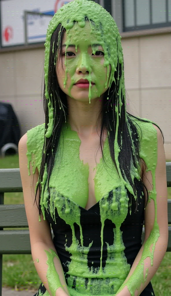 Japanese model, school uniform, cleavage, small breasts, heavy eyeliner, long eyelashes, red lipstick, photo realism, beautiful face, delicate eyes, pigtails, walking to school, posing for photo, sexy, alluring, sultry, (green slime drips down head: 1.2)