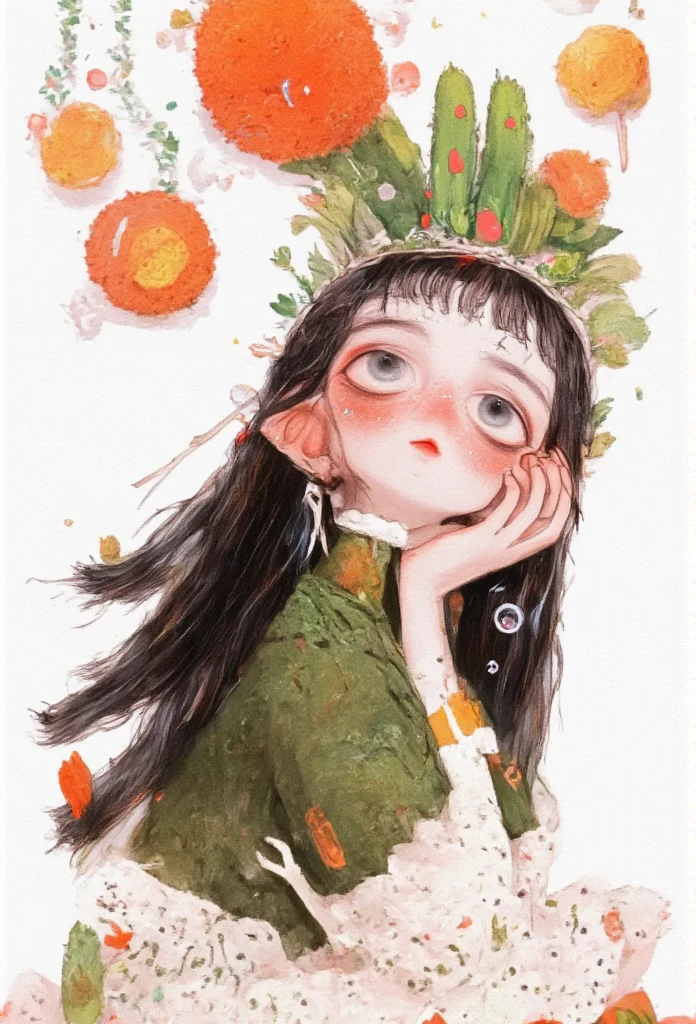        Christmas tree on her head, 指は５本、The Little Match Girl、Beautiful girl, Lovely adorable girl, beautiful logo on the back of the tarot card in the center of the white background， with a female eye ，The pupils are green，Reflects the dark forest ， with the head of a gray wolf and a house , painting \(medium\) , night, sky and galaxy,  One star                 \(Sky\),                 One star                 \(symbol\),     watercolor \(medium\),  lots of white background and tarot frame  、　beautiful flower garden on her head 