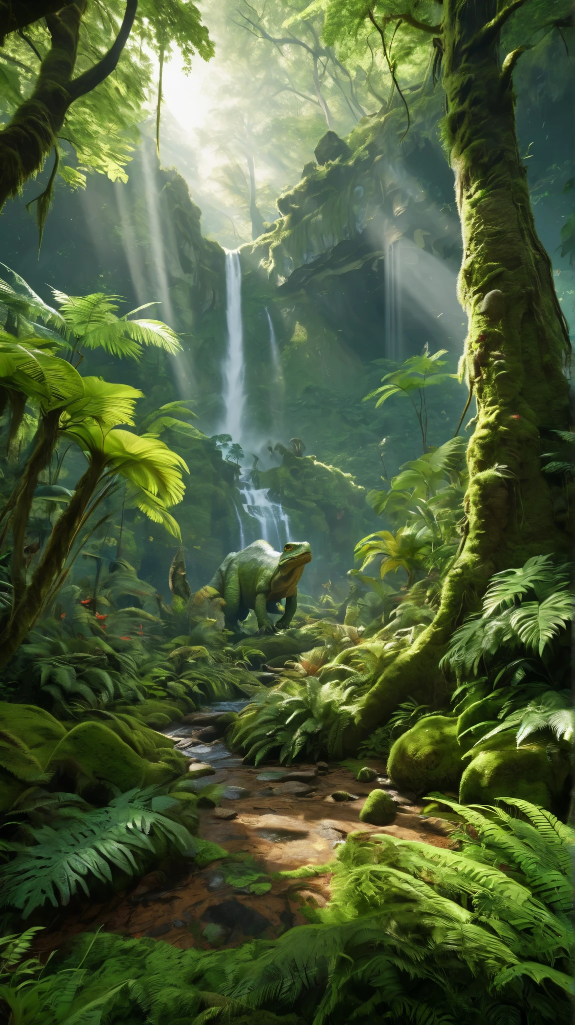 dinosauri nella foresta, oil painting, lush green ferns, towering ancient trees, majestic sunlight filtering through the canopy, realistic dinosaurs, vibrant colors, hidden waterfalls, ethereal mist, prehistoric atmosphere, detailed scales and textures, playful interaction between dinosaurs, distant mountains, mysterious shadows, captivating perspective, masterful brushstrokes, dramatic lighting, dynamic composition, vivid foliage, ancient moss-covered rocks, immense size and power, expressive eyes of the dinosaurs, exhilarating sense of adventure, realistic forest floor, dynamic movement, immersive depth, engaging storytelling through the scene. (best quality,4k,8k,highres,masterpiece:1.2), ultra-detailed, (realistic,photorealistic,photo-realistic:1.37), HDR, UHD, studio lighting, ultra-fine painting, sharp focus, physically-based rendering, extreme detail description, professional, vibrant colors, bokeh.