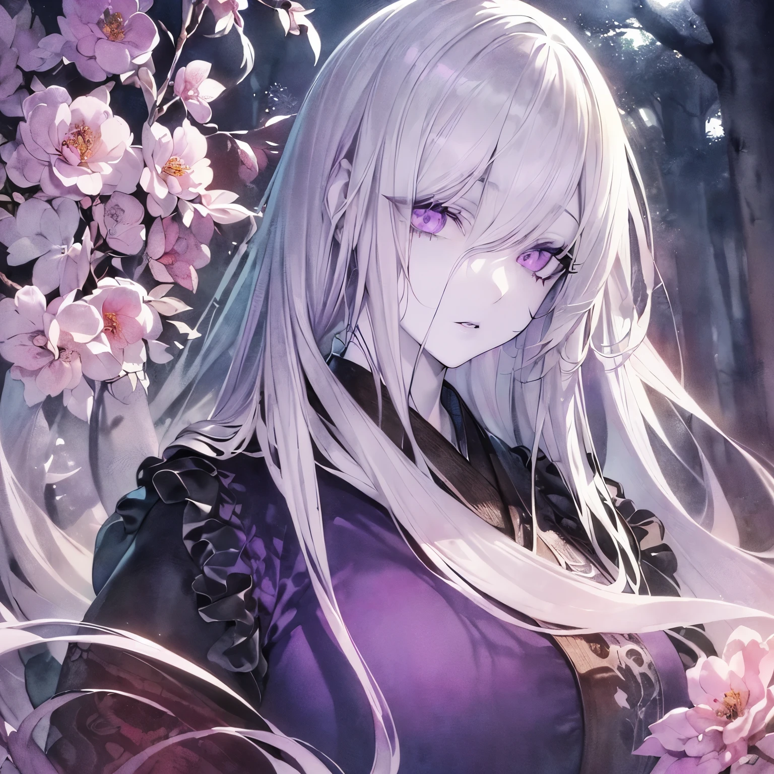a young woman standing in a field of purple flowers with silver shiny hair, glowing bloody red eyes ,<lora:yoneyamaMaiStyle_yoneyamaMaiV2Locon:0.2>, <lora:epiNoiseoffset_v2:0.7>, crazy face, eyes rolling