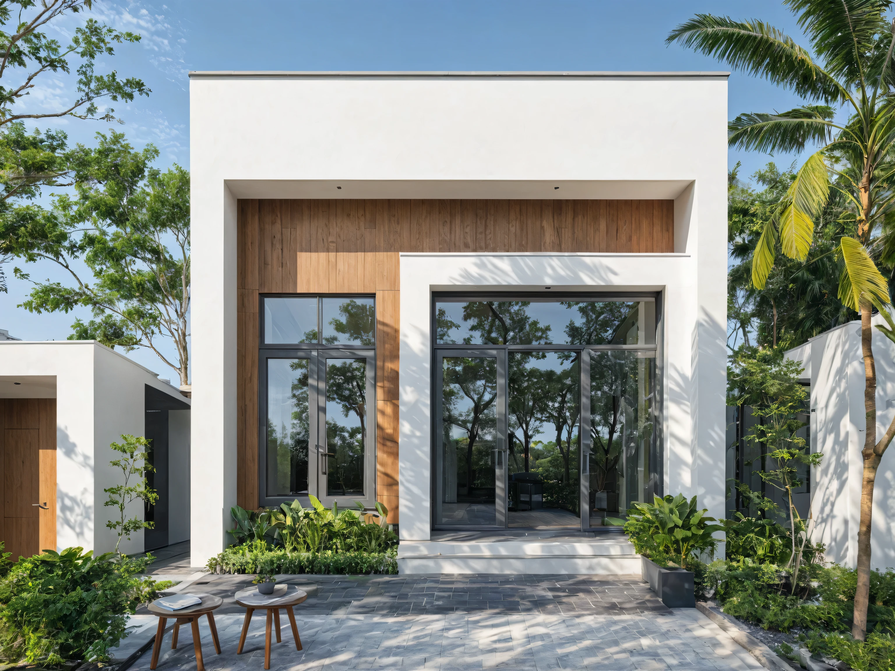 (masterpiece:1.2), best quality, photo of A two-story modern house with white walls and dark gray tiles on the roof., tree and plant, streetcapes, natural light, The exterior of an elegant single family home features large windows, ((a dark gray door frame)).