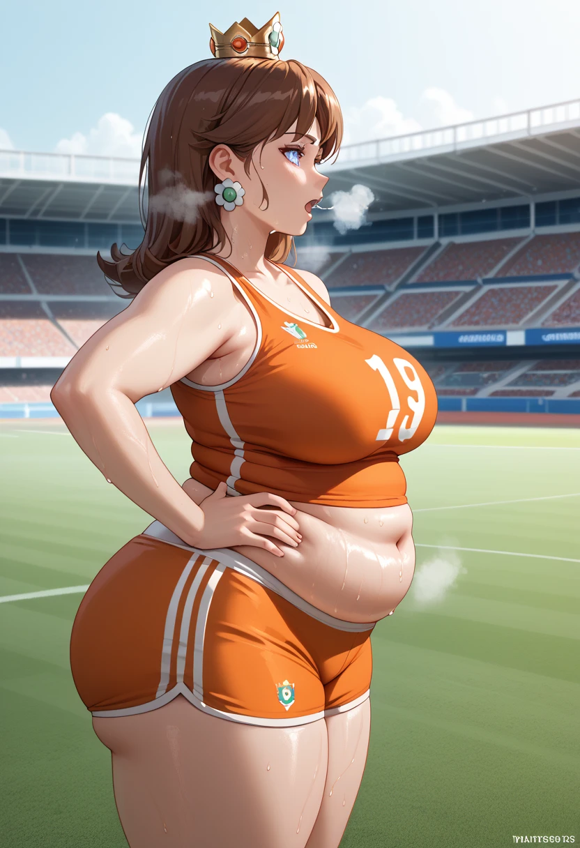 Daisy,brown hair,blue eyes,long hair,flower earrings,small crown, number 8 soccer uniform, orange tanktop, orange shorts, midriff, number 8, standing, sweaty, exhausted, hand on hips, soccer field, science fiction, outdoors, (insanely detailed, masterpiece, best quality), sweating profusely, exhausted, breathing, open mouth, steam coming out of her mouth, tight red gym shorts, tight red gym tank top, hands on hips, dripping sweat, dripplits of sweat on the floor, puddle of sweat, thick, obese, soft belly, chubby, wide hips, sexy hips, half body, big belly, thicc thighs, side view,  out of breath, short hair, neck length hair