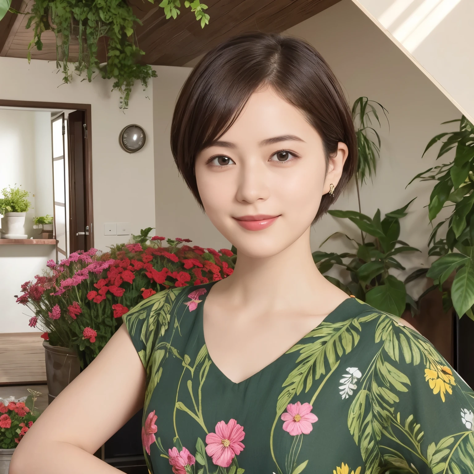 339 (20-year-old female, short hair), ( high image quality), (smile), ( Colorful Dress), ((Arietti's View of the World )), (BIG PLANTS ), (Dollhouse)