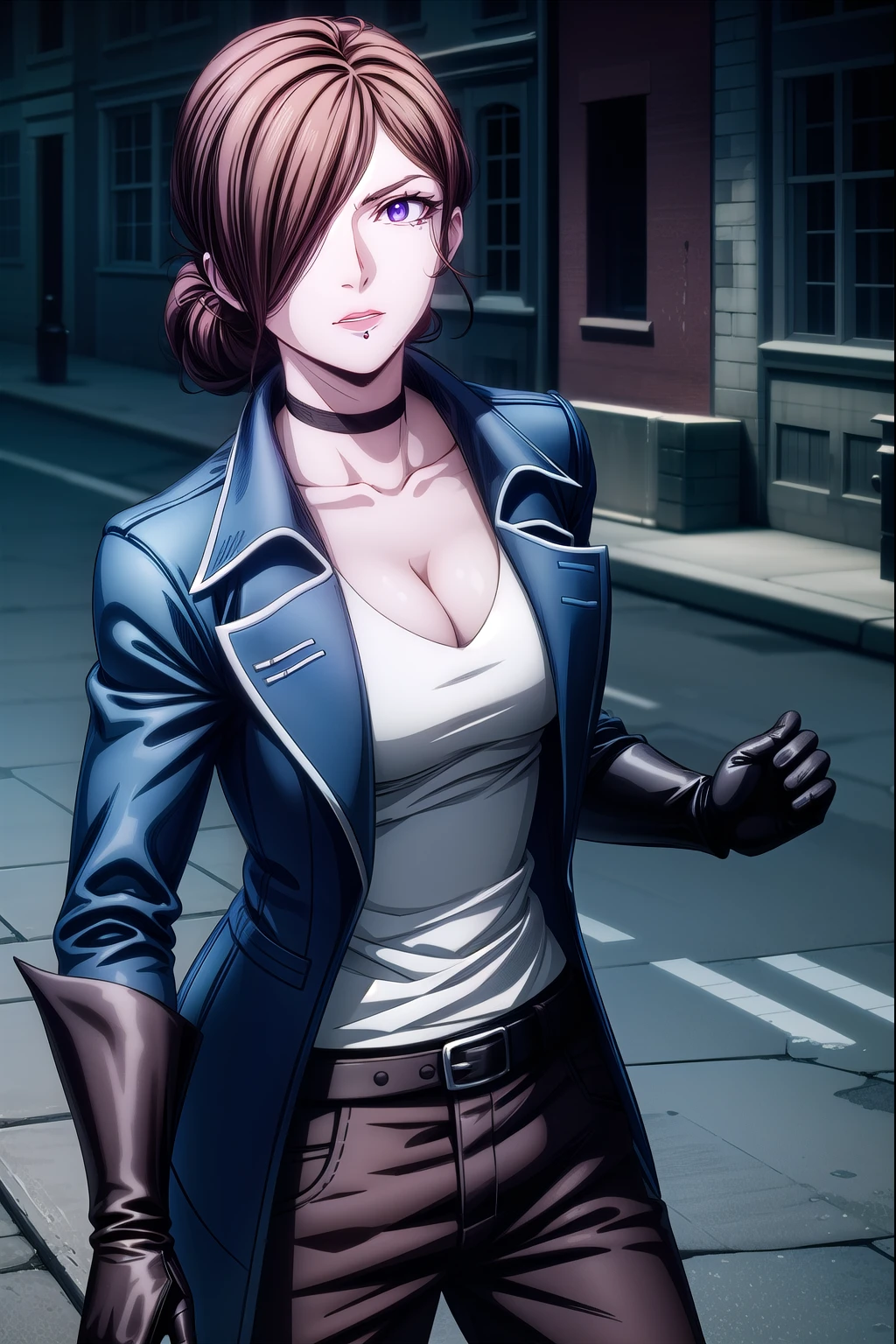 castlevaniajulia, castlevaniajulia, brown hair, (purple eyes:1.1), short hair, hair bun, mole, makeup, single hair bun, lipstick, mole under mouth, red lipstick,
BREAK shirt, gloves, cleavage, collarbone, jacket, white shirt, choker, black gloves, belt, pants, blue jacket, brown pants,
BREAK looking at viewer, upper body, full body,
BREAK outdoors, night, sky,
BREAK (masterpiece:1.2), best quality, high resolution, unity 8k wallpaper, (illustration:0.8), (beautiful detailed eyes:1.6), extremely detailed face, perfect lighting, extremely detailed CG, (perfect hands, perfect anatomy),