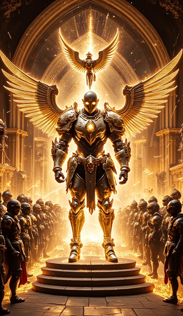 The full-body mechanized image of an adult male Holy Knight leader held by an angel 。His muscular robotic body ， wearing sacred white gold holy knight armor ， with golden glowing eyes and white gold mechanical wings 。 He boldly stands inside a mysterious white gold mechanical church ， surrounded by countless cavalry soldier followers 。 composition underlines his majestic presence ， The eye-catching lighting and dramatic holy light highlights him Armor and the divine atmosphere of the church。 symbolizes the golden yellow light in his eyes Sacred and luminous 。 This setting is a cyberpunk-inspired futurist mechanism ，Without a cloak 。 The bold composition captures the grandiose and divine energy of the scene 。
