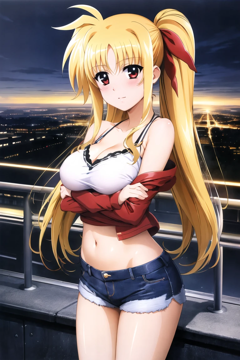 Fate Testarossa,megami magazine,long hair,blonde hair,straight hair,red eyes,{{large breasts}},
camisole, bare shoulders, cleavage, crop top, cutoffs, denim shorts, midriff, short shorts, spaghetti strap,
1woman,(is embarrassing,big blush,closed mouth,steam:1.0),
((standing,cowboy shot,looking at viewer,breast hold:1.2)),
(night city background:1.0),clothed
