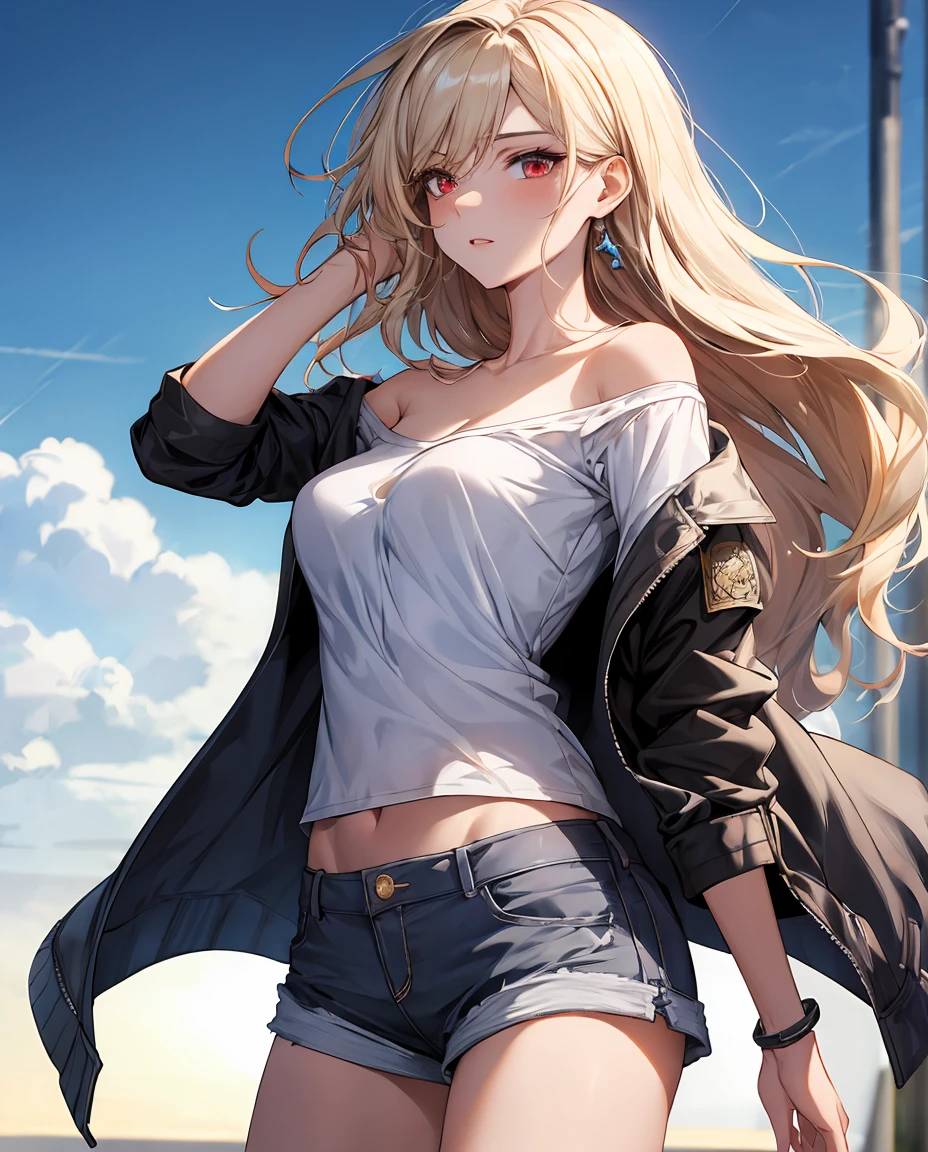 (masterpiece),  top quality ,  Expressive Eyes ,  High Definition ,  ANATOMICALLY CORRECT ,  One girl ,  perfect face, perfect hand, woman,  long hair,  white skin,  medium breasts,  cowboy shot, half body,  perfect anatomy,  greyish blonde hair color , adult woman, mature woman,  charming,  jacket with subtle white blue and white on the sleeves  , Personal two tone hair,  long hair,   flowing hair,  Face , strong, soldier,  casual wear ,  beautiful woman like a Russian actress ,  tight body,  muscular,  messy hair, half body shot,  cowboy shot, Symmetrical Features,  FRIENDLY , Ironic, fun,  hero , Personal, T-Shirts,  shirt too big , Bust Outline , Grey shorts,  long jacket ,   sky blue stripes, Flowing clothing,   flowing hair, wind, windy,  pocket,  red eyes, hair, Beautiful maiden,  relax , Definitely , confident,  Bianca Durandal ataegina that fits perfectly to the body,  off-shoulder,  shirt too big , Two wrist,  perfect anatomy,
