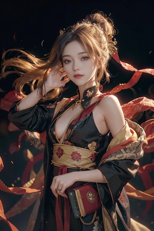 best quality, masterpiece, ultra high resolution, lifelike, (Panorama:1.5), (1 girl),(long hair),(hair accessories:1.4),There is an ancient palace next to the girl,Chinese Hanfu clothes,Black stockings sharp focus, Good shape, whole body，Random pose reference, Single eyelid eyes, high nose bridge、Pointed nose, V-shaped face, pale skin, Smile, Bokeh