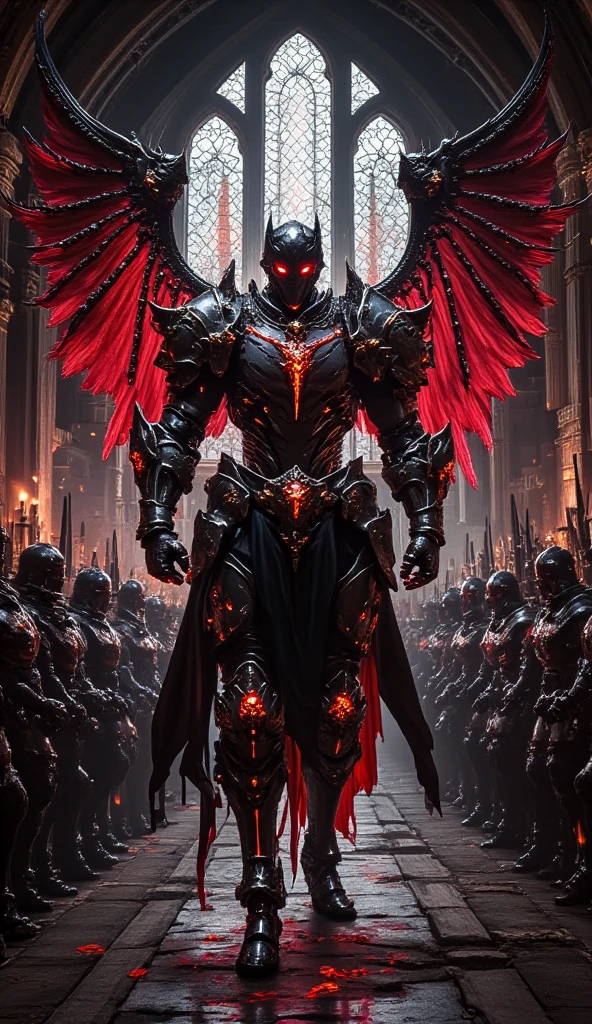 Full Body Mechanized Image of an Adult Male Holy Knight Commander Attached by Demons。His muscular robotic body ，WEARING EVIL BLACK AND RED HOLY KNIGHT ARMOR， has dark red glowing eyes and red-black mechanical wings。 He boldly stands inside a mysterious black and red mechanical church ， surrounded by countless cavalry soldier followers 。 composition underlines his majestic presence ， Eye-catching lights and dramatic shadows accentuate his armor and the church's strange atmosphere。The dark red light in his eyes symbolizes and falls 。 This setting is a cyberpunk-inspired futurist mechanism ，Without a cape 。 Bold composition captures the grandiose and sinister energy of the scene 。