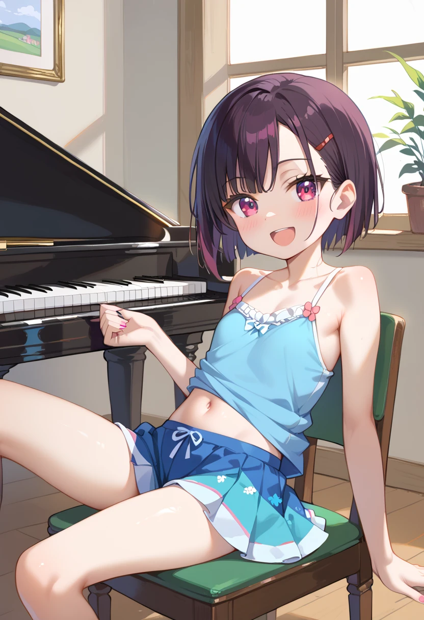 (( top quality )), ((masterpiece)), (be familiar with),  perfect face, indoor, bedroom,  watching viewers ,
One woman, Mikazuki Kan,
 open mouth,  ecstatic expression beside the piano, blush, smile,
 small ,  flat chest, Young girl, Lori,  kids,  girl,
Short Hair,  short hair,
Leg spread,