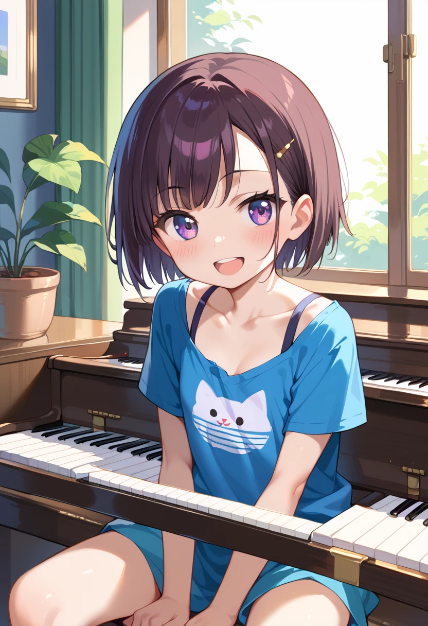 (( top quality )), ((masterpiece)), (be familiar with),  perfect face, indoor, bedroom,  watching viewers ,
One woman, Mikazuki Kan,
 open mouth,  ecstatic expression beside the piano, blush, smile,
 small ,  flat chest, Young girl, Lori,  kids,  girl,
Short Hair,  short hair,
Leg spread,