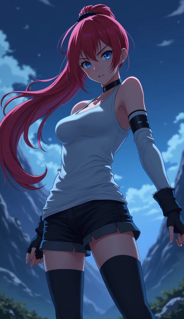 1girl, solo, erza scarlet, fairy tail, red hair, jeanshorts outfit, without accesoris, red eyes, breasts, boob, long hair,  cleavage, hair over one eye, large breasts, midriff, looking at viewer, full body, 4k wallpaper, HD wallpaper, 4k art, ((sit on table with thighs slightly straddle)), (radiant face), (very tight clothes),