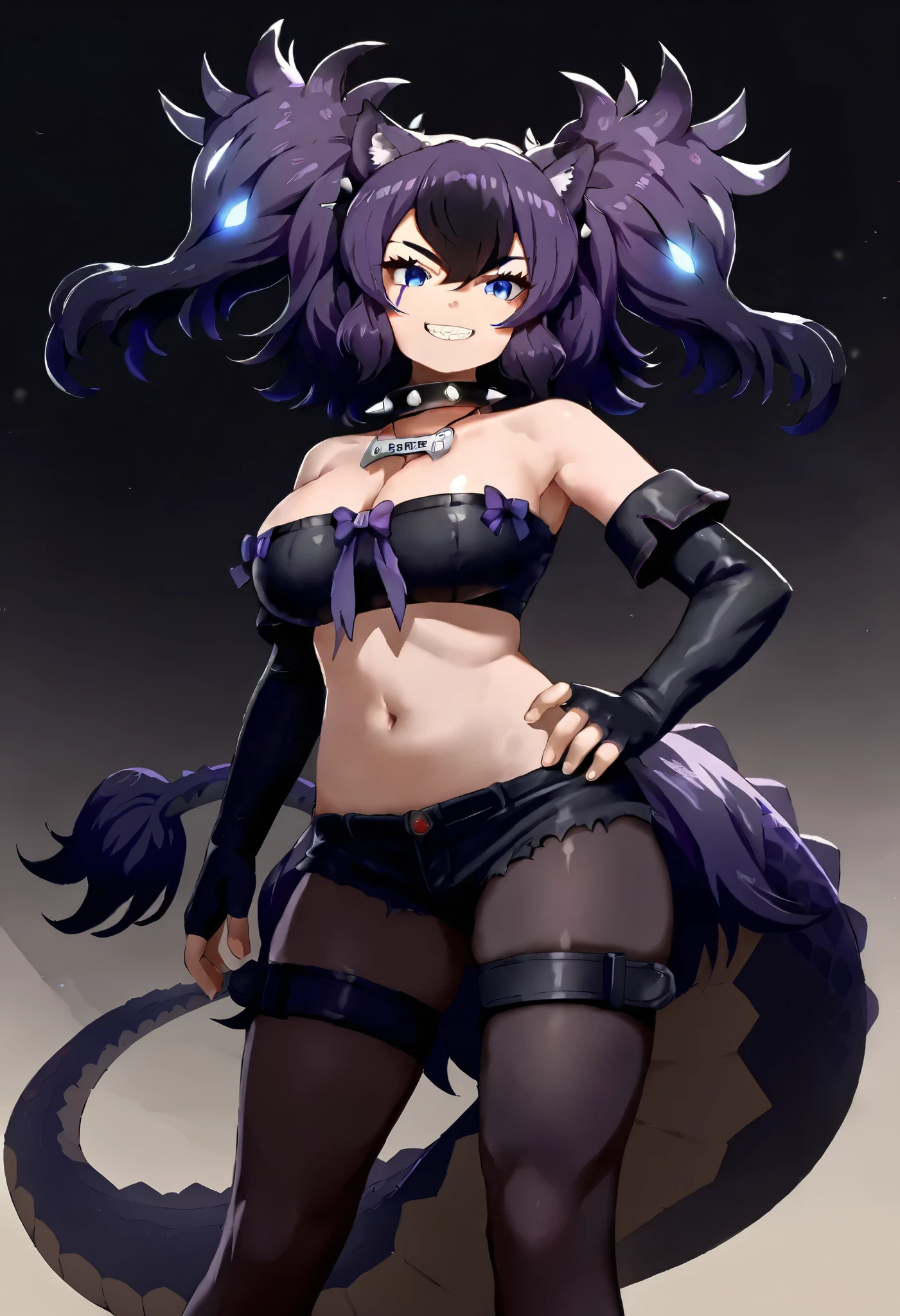 score_9, score_8_up, score_7_up, source_anime, solo, 1girl, kfc3rberus, lizard tail, scar across eye, grin, looking at you, standing, hand on own hip, two-tone hair, black hair, purple hair, glowing hair, big hair, two side up, animal ears, blue eyes, black tube top, bandeau, strapless, black gloves, elbow gloves, fingerless gloves, black shorts, short shorts, cutoffs, black pantyhose, thigh strap, spiked collar, pendant, bare shoulders, stomach, navel, cleavage, large breasts
