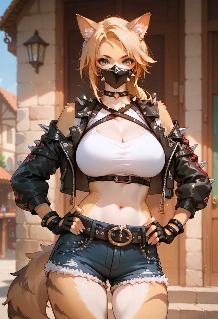 score_9, score_8_up, score_7_up, score_6_up, score_5_up, score_4_up, (masterpiece, best quality:1.2), 1girl, solo, standing, smile, large full breasts, a day town, Hands on hips,
BBREAK furry female, animal ears, tail, blonde hair, green eyes, long hair, low ponytail, mask,
BREAK fingerless gloves, belt, jacket, shorts, crop top, denim shorts, spikes, navel, black jacket,