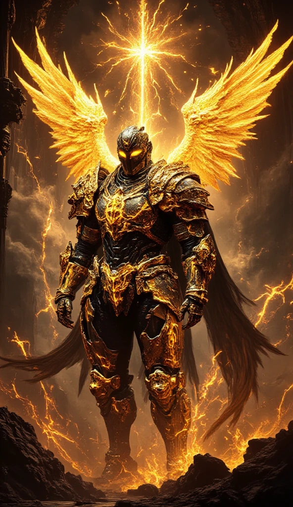 The full-body mechanized image of an adult male Holy Knight leader held by an angel 。His muscular robotic body ， wearing sacred white gold holy knight armor ， with golden glowing eyes and white gold mechanical wings 。 He boldly stands inside a mysterious white gold mechanical church ， surrounded by countless cavalry soldier followers 。 composition underlines his majestic presence ， The eye-catching lighting and dramatic holy light highlights him Armor and the divine atmosphere of the church。 symbolizes the golden yellow light in his eyes Sacred and luminous 。 This setting is a cyberpunk-inspired futurist mechanism ，Without a cloak 。 The bold composition captures the grandiose and divine energy of the scene 。
