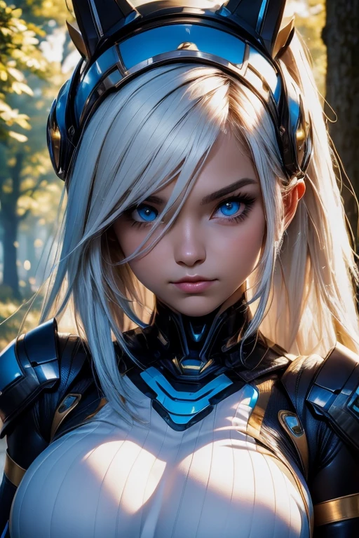 (best quality:1.0), (ultra highres:1.0), 1 girl, detailed beautiful skin, (kind smile:1.0), solo, (masterpiece:1.0), (best quality:1.4), (ultra highres:1.2), (photorealistic:1.4), 8k resolution, Canon EOS R5, 50mm, absurdres, ultra detailed, sharp focus, cinematic lighting, detailed beautiful face, petite figure, detailed skin texture, pale skin, thigh gap, detailed hair, random hair style, perfect eyes, detailed eyes, (glistening skin1.15), ((portrait photo)), hair accessories, ear rings, futuristic, complex background, cyberpunk city street, night, cyborg, robotic parts, futuristic weapons and accessories, ray lighting, backlighting, closeup photo, blue tone background