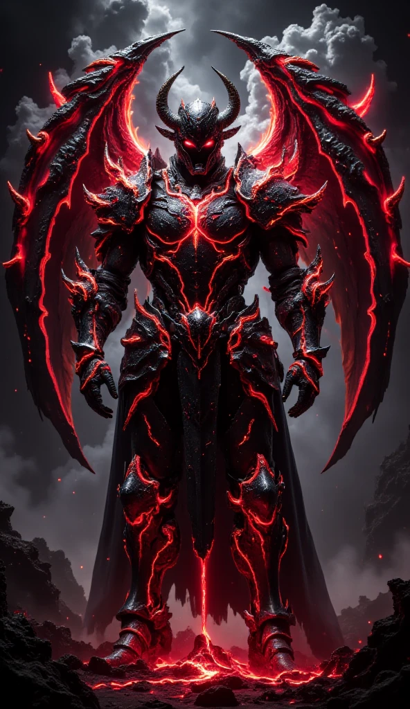 Full Body Mechanized Image of an Adult Male Holy Knight Commander Attached by Demons。His muscular robotic body ，WEARING EVIL BLACK AND RED HOLY KNIGHT ARMOR， has dark red glowing eyes and red-black mechanical wings。 He boldly stands inside a mysterious black and red mechanical church ， surrounded by countless cavalry soldier followers 。 composition underlines his majestic presence ， Eye-catching lights and dramatic shadows accentuate his armor and the church's strange atmosphere。The dark red light in his eyes symbolizes and falls 。 This setting is a cyberpunk-inspired futurist mechanism ，Without a cape 。 Bold composition captures the grandiose and sinister energy of the scene 。