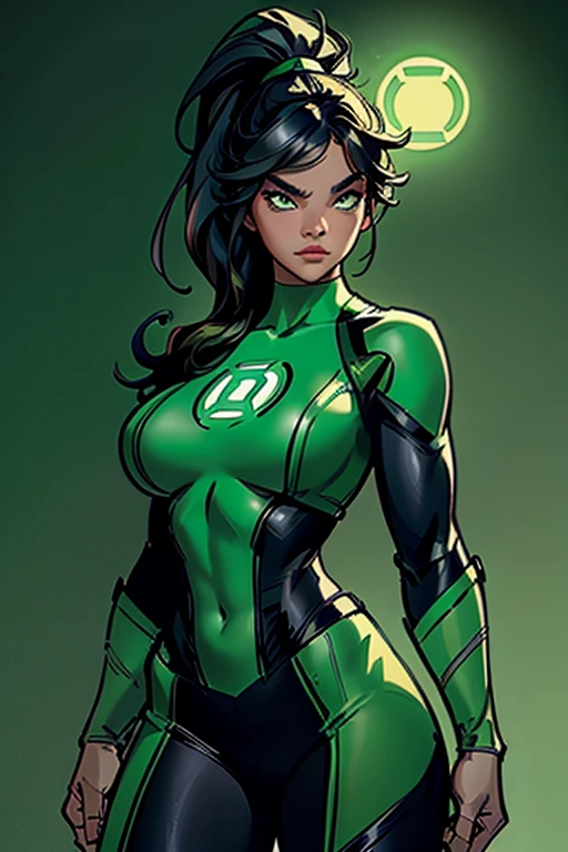 Hailee Steinfeld as green lantern, standing, green lantern costume, big boobs, round boobs, slim waist, wide hips, toned abs, thighs, navel, green lantern outfit,, , ponytail hairstyle, green eyes, long eyelashes, beautiful detailed eyes, beautiful detailed lips, beautiful detailed nose, dark grey background, dramatic lighting, cinematic composition