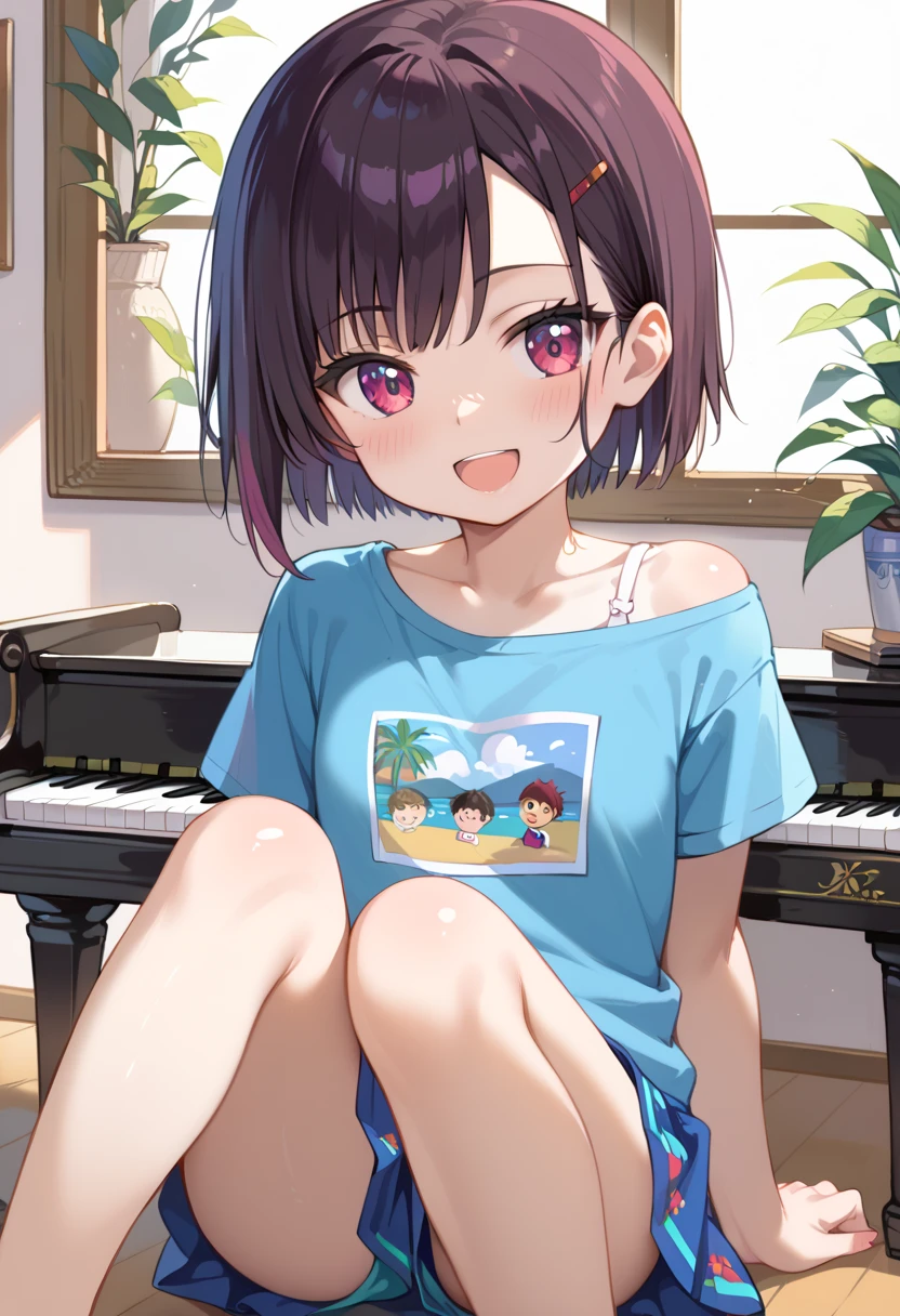 (( top quality )), ((masterpiece)), (be familiar with),  perfect face, indoor, bedroom,  watching viewers ,
One woman, Mikazuki Kan,
 open mouth,  ecstatic expression beside the piano, blush, smile,
 small ,  flat chest, Young girl, Lori,  ,  girl,
Short Hair,  short hair,
Leg spread,