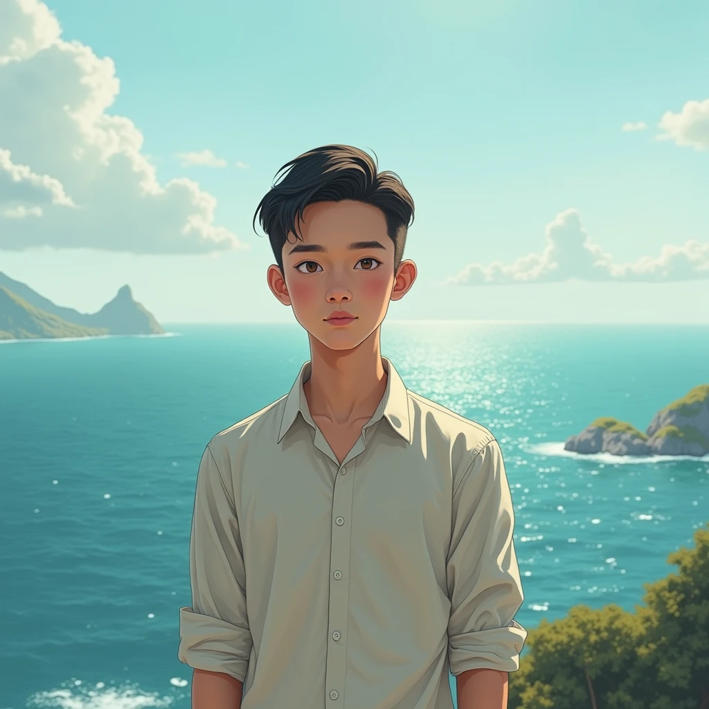 A boy, background seaside, sunrise, depth of field, half, front, masterpiece, best quality, high quality, extremely detailed CG unified 8k wallpaper, outdoor, sky, clouds