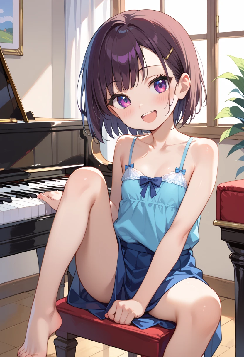 (( top quality )), ((masterpiece)), (be familiar with),  perfect face, indoor, bedroom,  watching viewers ,
One woman, Mikazuki Kan,
 open mouth,  ecstatic expression beside the piano, blush, smile,
 small ,  flat chest, Young girl, Lori,  ,  girl,
Short Hair,  short hair,
Leg spread,