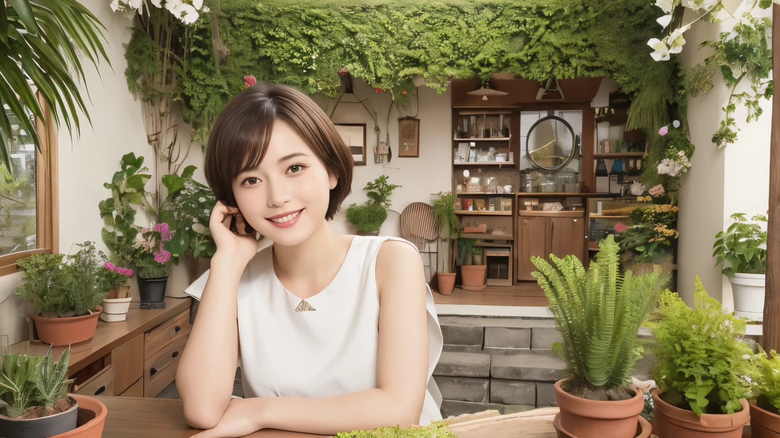 339 (20-year-old female, short hair), ( high image quality), (smile), ( Colorful Dress), ((Arietti's View of the World )), (BIG PLANTS ), (Dollhouse)