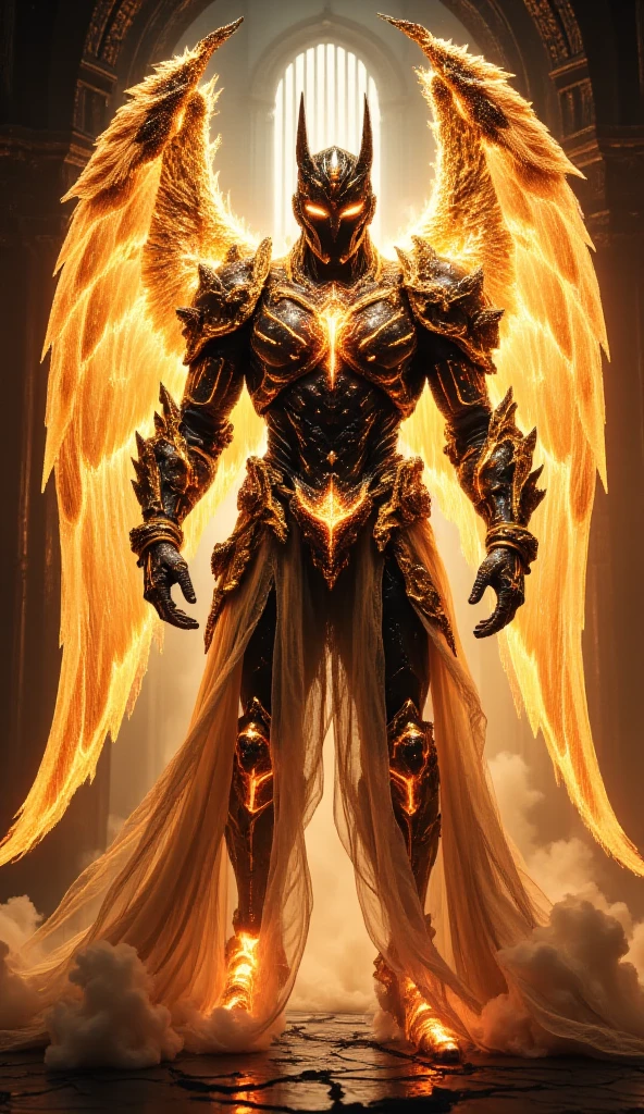 The full-body mechanized image of an adult male Holy Knight leader held by an angel 。His muscular robotic body ， wearing sacred white gold holy knight armor ， with golden glowing eyes and white gold mechanical wings 。 He boldly stands inside a mysterious white gold mechanical church ， surrounded by countless cavalry soldier followers 。 composition underlines his majestic presence ， The eye-catching lighting and dramatic holy light highlights him Armor and the divine atmosphere of the church。 symbolizes the golden yellow light in his eyes Sacred and luminous 。 This setting is a cyberpunk-inspired futurist mechanism ，Without a cloak 。 The bold composition captures the grandiose and divine energy of the scene 。
