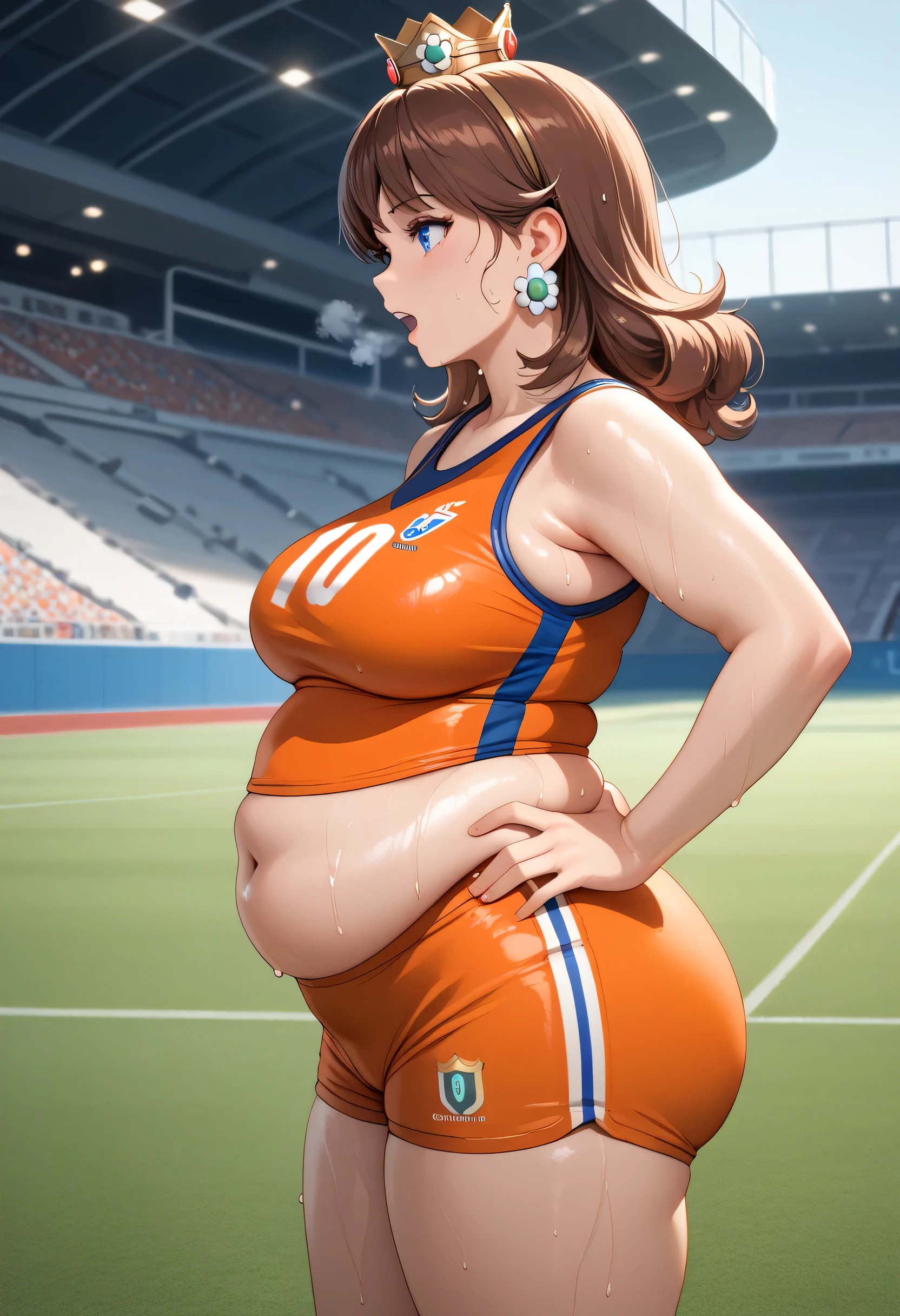 Daisy,brown hair,blue eyes,long hair,flower earrings,small crown, number 8 soccer uniform, orange tanktop, orange shorts, midriff, number 8, standing, sweaty, exhausted, hand on hips, soccer field, science fiction, outdoors, (insanely detailed, masterpiece, best quality), sweating profusely, exhausted, breathing, open mouth, steam coming out of her mouth, tight red gym shorts, tight red gym tank top, hands on hips, dripping sweat, dripplits of sweat on the floor, puddle of sweat, thick, obese, soft belly, chubby, wide hips, sexy hips, half body, big belly, thicc thighs, side view,  out of breath, short hair, neck length hair