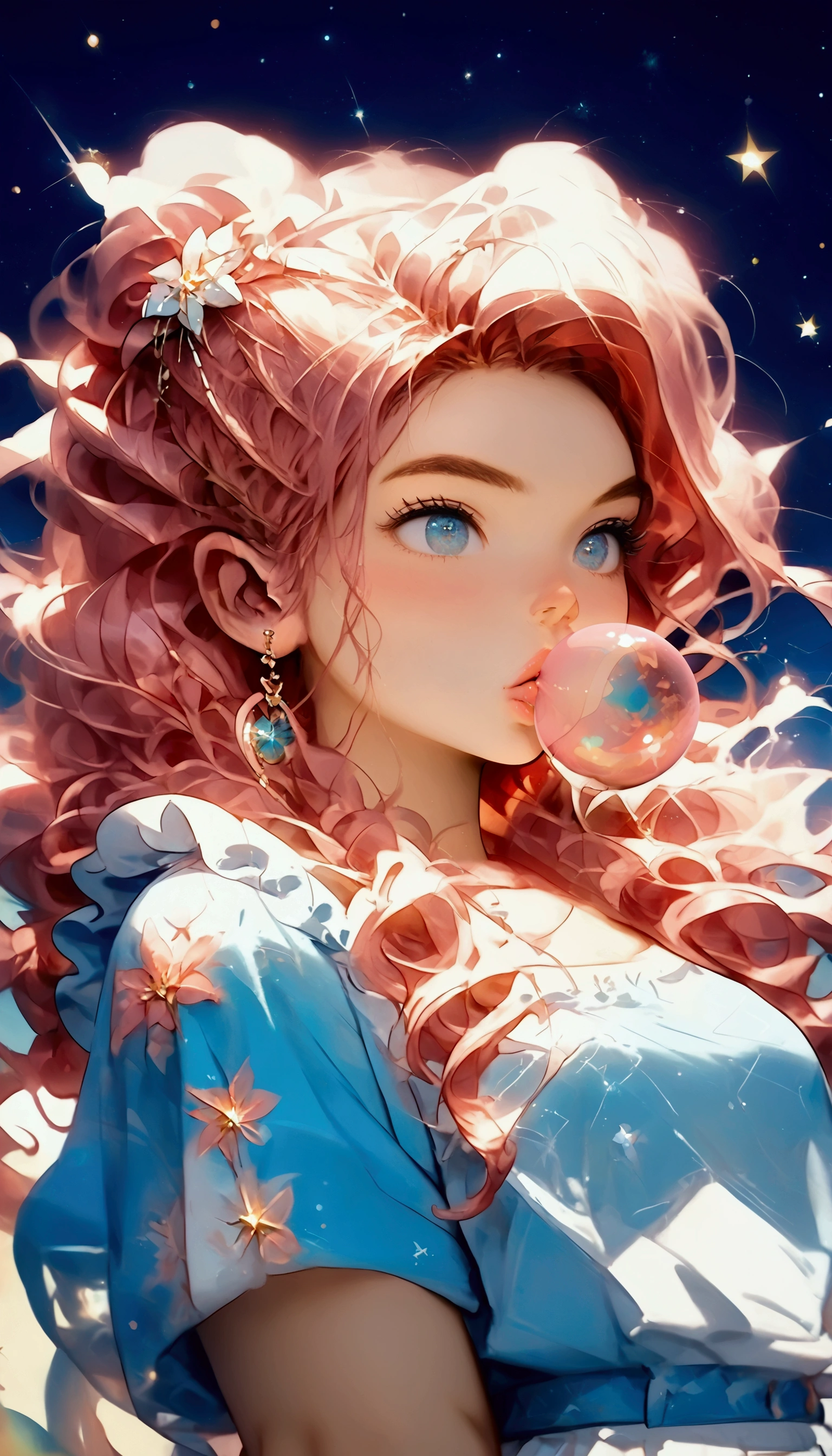 (( Masterpiece)). This piece of art is sweet, dreamer, y ethereal ,  With soft shades of pink watercolor and lots of ornate cotton candy details .. Intimate underwear, Generate a delicate and demure fae by exploring a (Bubblegum World with a wide variety of pastel tones).(Floating under) ,Its sweet face is extremely detailed and realistic with elegant features.,  A perfect mouth with puffy, kissable lips , It seems that ((((un elegant Micarah Tewers)))). Its lips are a uniform pink tone.  Includes mature and impressive features ., Highly realistic eyes. Your eyes are important and should be realistic,  , and beautiful.  In high definition and detail ,  includes many details such as stars , galaxies, burbujas de colores, colorful petals , Dripping of bright paint, iridescence, and a lot of energy and emotion. The stars and the colorful chewing gum bubbles are important! Includes fantasy details., improved details, iridescence, colorful and bright wind, y polen.  Pay special attention to your face and make sure it's beautifully detailed and realistic.... camera: This art is dreamy y ethereal  and the camera should emphasize those traits....... Create something that is surprisingly beautiful with fairy-like tones.  Use dynamic composition techniques .