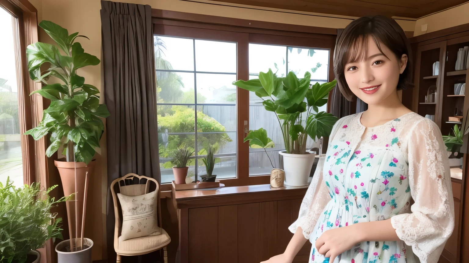 339 (20-year-old female, short hair), ( high image quality), (smile), ( Colorful Dress), ((Arietti's View of the World )), (BIG PLANTS ), (Dollhouse)