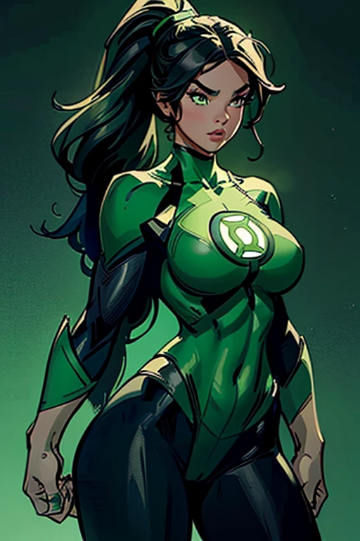 Hailee Steinfeld as green lantern, standing, green lantern costume, big boobs, round boobs, slim waist, wide hips, toned abs, thighs, navel, green lantern outfit,, , ponytail hairstyle, green eyes, long eyelashes, beautiful detailed eyes, beautiful detailed lips, beautiful detailed nose, dark grey background, dramatic lighting, cinematic composition