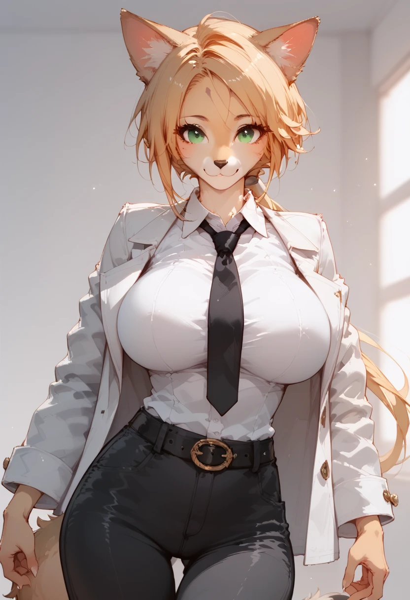 score_9, score_8_up, score_7_up, 1girl, (large breasts:1.4),shiny eye, (smile:0.7), luxury hotel, great, standing, straight on, from the front:1.4), hands out, 
BREAK furry female, animal ears, tail, blonde hair, green eyes, long hair, low ponytail,
BREAK ,white jacket, formal, coat, collared shirt, black necktie, black pants