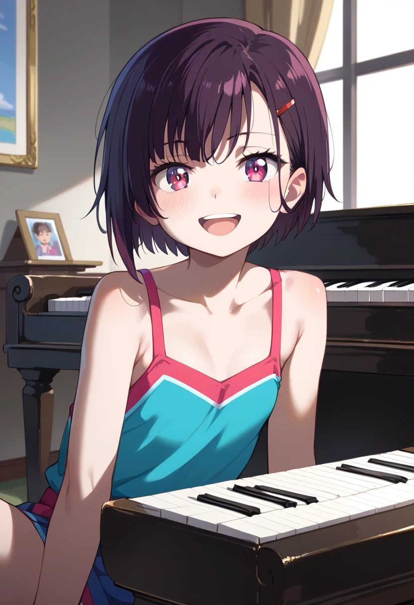 (( top quality )), ((masterpiece)), (be familiar with),  perfect face, indoor, bedroom,  watching viewers ,
One woman, Mikazuki Kan,
 open mouth,  ecstatic expression beside the piano, blush, smile,
 small ,  flat chest, Young girl, Lori,  kids,  girl,
Short Hair,  short hair,
Leg spread,