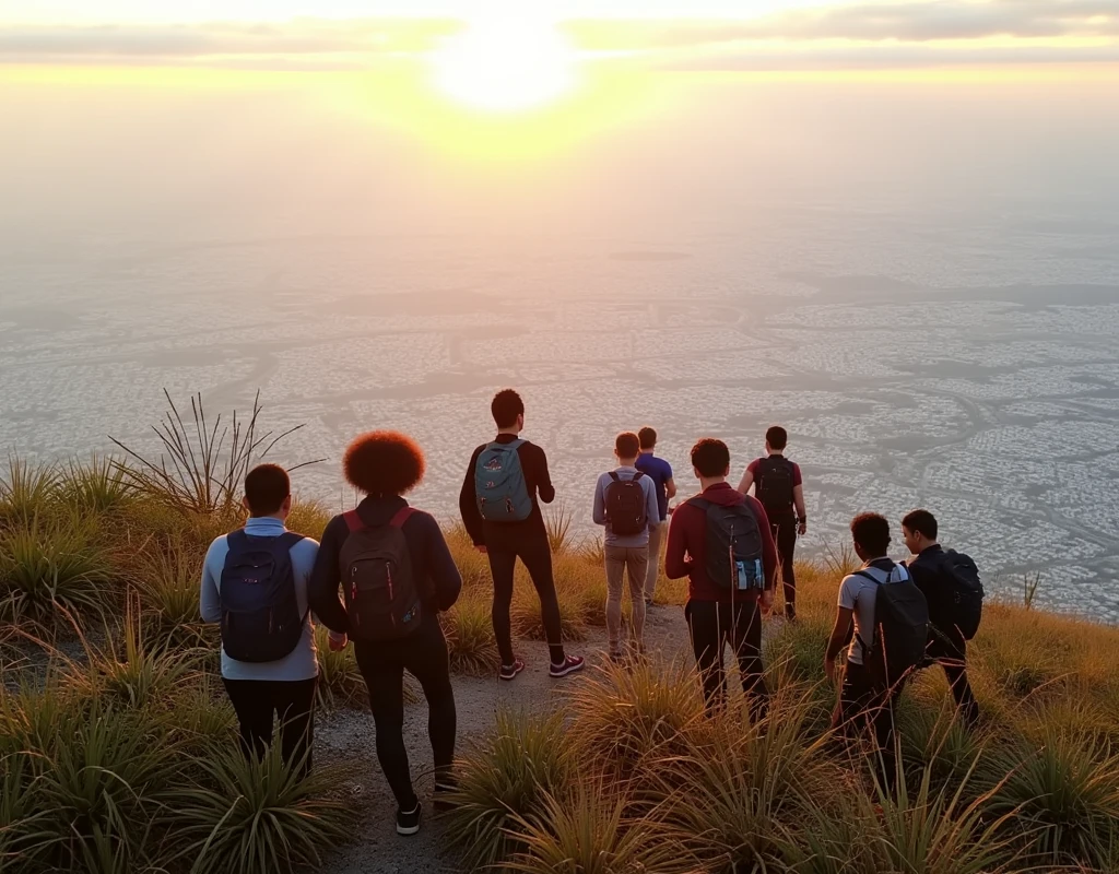 a group of students at the top of cerrodelasilla, (cerrodelasilla:1.5), in a adventure at the morning, the sun is shining