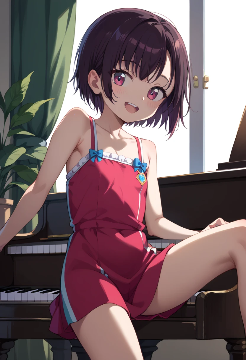 (( top quality )), ((masterpiece)), (be familiar with),  perfect face, indoor, bedroom,  watching viewers ,
One woman, Mikazuki Kan,
 open mouth,  ecstatic expression beside the piano, blush, smile,
 small ,  flat chest, Young girl, Lori,  ,  girl,
Short Hair,  short hair,
Leg spread,