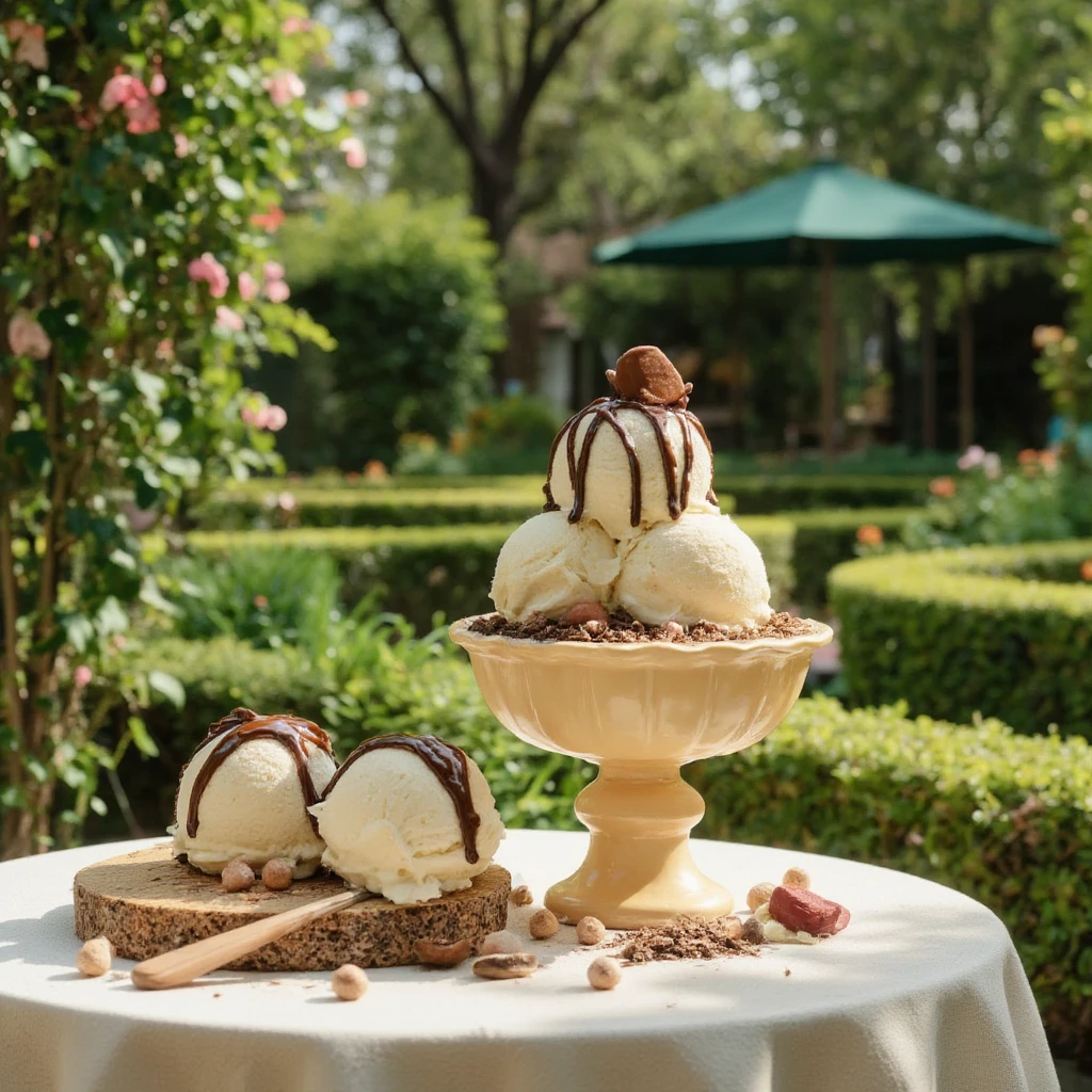 icecream and Chocolate on the table, garden, masterpiece, best quality, detailed, high resolution, photorealistic