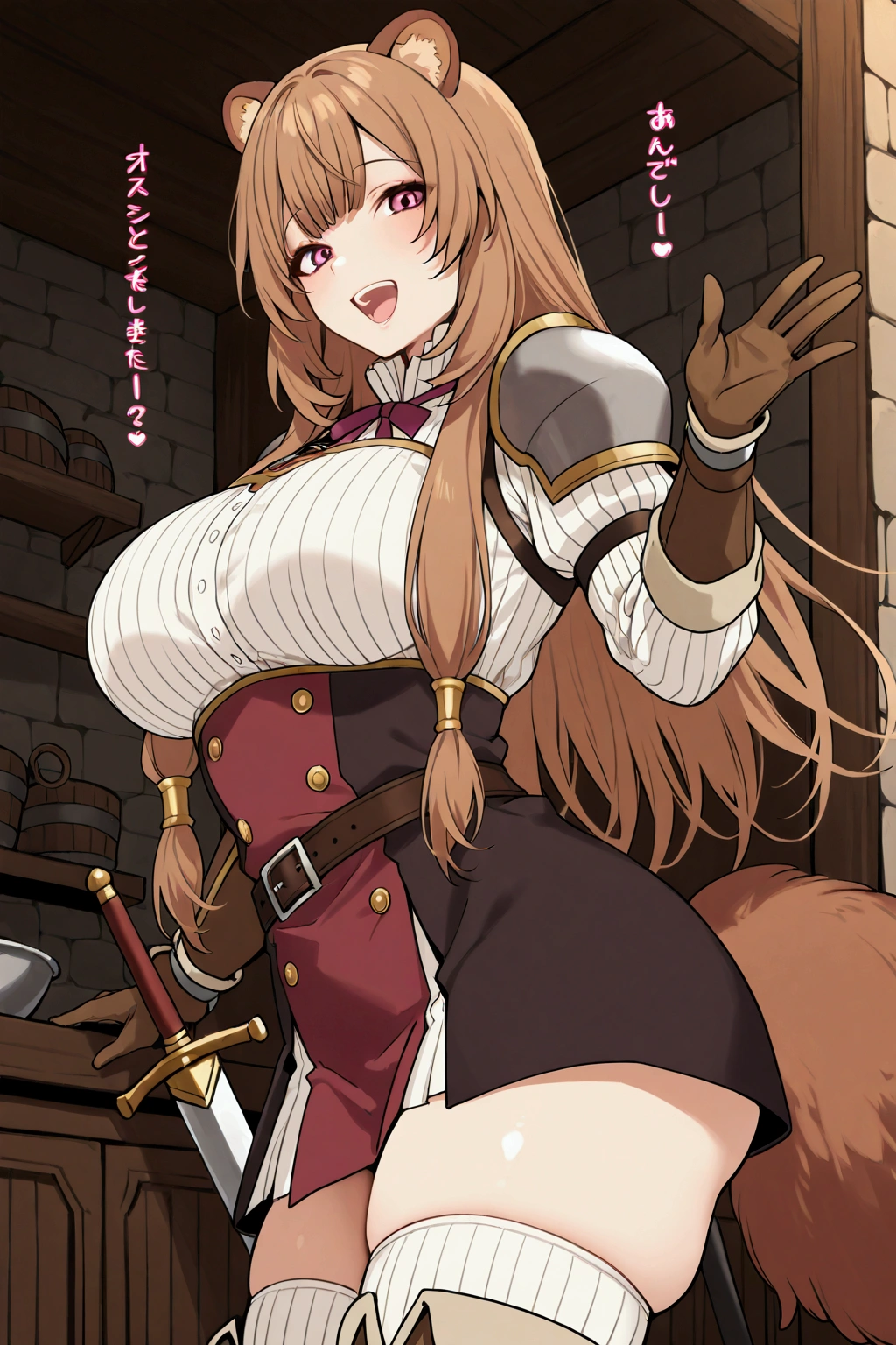 Solo, girl, raphtalia from tate no yuuya, raccoon ears, beautiful look, smile, open mouth, teeth,, big breasts, raphtalia outfit, single breasted armor, brown gloves, long hair, light brown, bangs, raphtalia outfit, fluffy tail raccoon, waving tail excited, hand pointing at swords on wall, swords on display, blacksmith shop, talking, looking at viewer, asking for new sword, beautiful thighs, beautiful waist, white thigh-high stockings, high quality, from the side, feminine, perfect