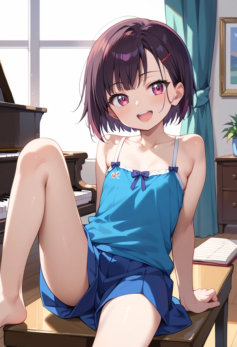 (( top quality )), ((masterpiece)), (be familiar with),  perfect face, indoor, bedroom,  watching viewers ,
One woman, Mikazuki Kan,
 open mouth,  ecstatic expression beside the piano, blush, smile,
 small ,  flat chest, Young girl, Lori,  kids,  girl,
Short Hair,  short hair,
Leg spread,