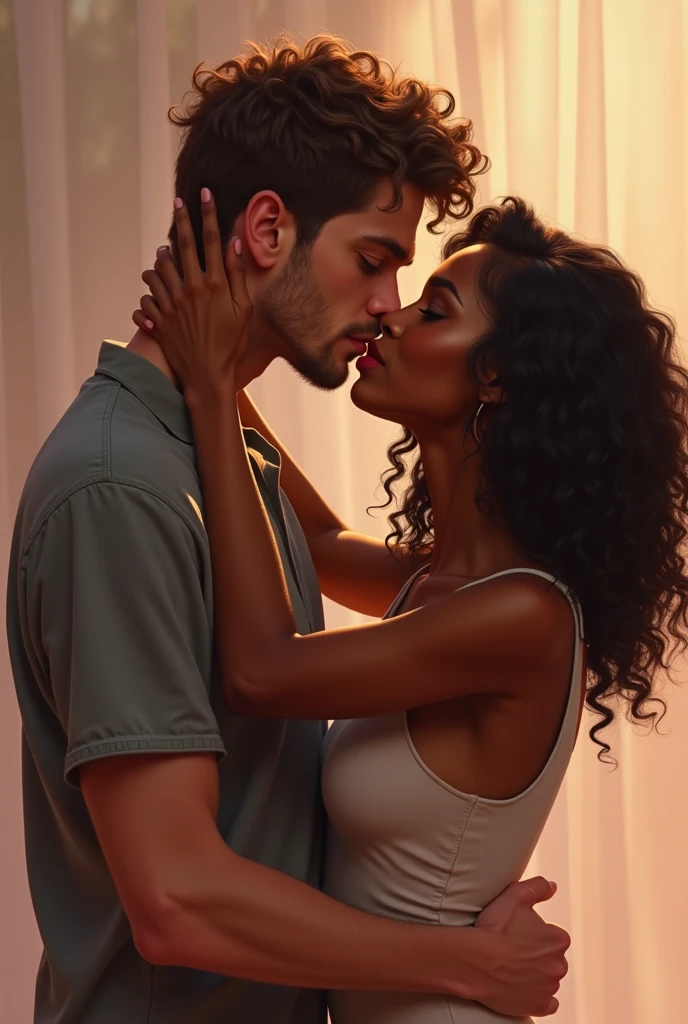 Um casal Latino-americanos negros (Afro descendentes:1.3), Homem (cabelo high fate:0.85) (roupas longas: 1.2) E mulher (cabelo curto:0.87) (shorts jeans curto:0.65) (coxa da perna a mostrar:0.75) (Copo H:1.2), hugging each other kissing with her clinging to his lap, romantic kiss, in a room with a romantic atmosphere, A luz do sol, (detalhamento:0.9), (Realismo:1.0), 8k, sombreamento, Alto contraste, Impeccable, intrincado