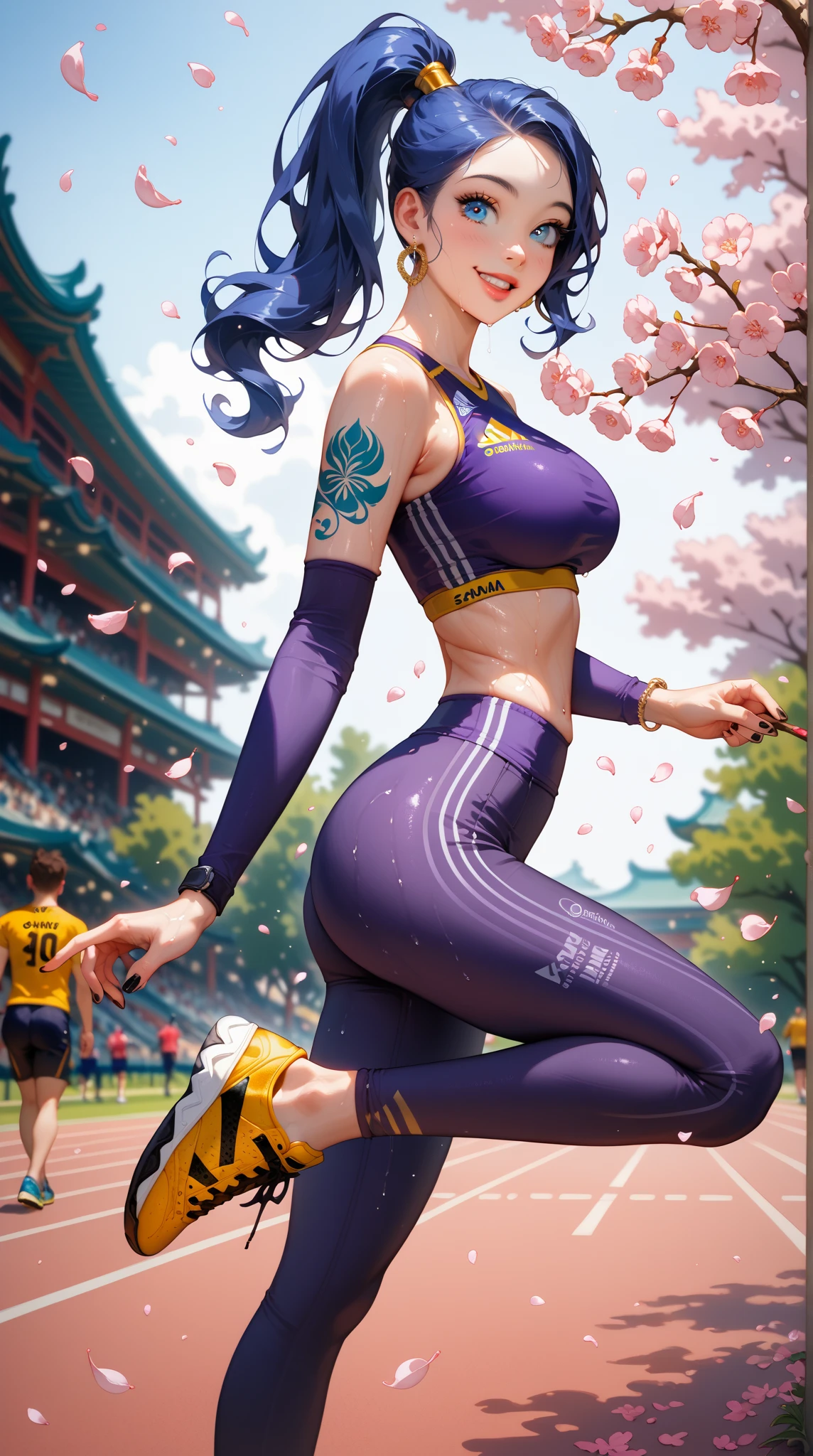  master works， Best Graphics ，Higher quality， high detail ，超高分辨率， Disney Style ， A Purple Sport Wear Top ， Purple Sports Pants ， Yellow Adidas Jogging Shoes ， Exquisite Cartoon Girl ，EXQUISITE AND BEAUTIFUL TANG EYE， delicate dark brown skin ， Bold Character Design ， Realistic Character Impression ，Wonderful ， Interactive Single Item Style ， Exquisite Brand Style ， walking in a park full of cherry blossoms ， Perfect lighting,  close up,   Aqua Blue Eyes , Tattoo, Distinctive black and blue hair ，long hair，Straight Hair，Tied ponytail ，
 natural light,  Depth of writing boundaries ,  Browse Notes ,  Fine Hair ,  Elaborately drawn face ,  Delicate beauty , BEAUTIFUL CLAVICLE,  Slim and fit body ,  plump breasts ,
beautiful feet,  Beautiful Hands ,  See your audience ,  Face Focus, Highly delicate skin  ), 
 cute and symmetrical face ,  Young and slender face ,  perfect eyes , （（ Sweaty skin ））， black nails ，（ You can clearly see the sunburned lines），（sunburned skin ）、（（ oily skin ））、（steam）， Perfect Slim Body ，Big Breasts，Depth of Field，panoramic，Full body shot，