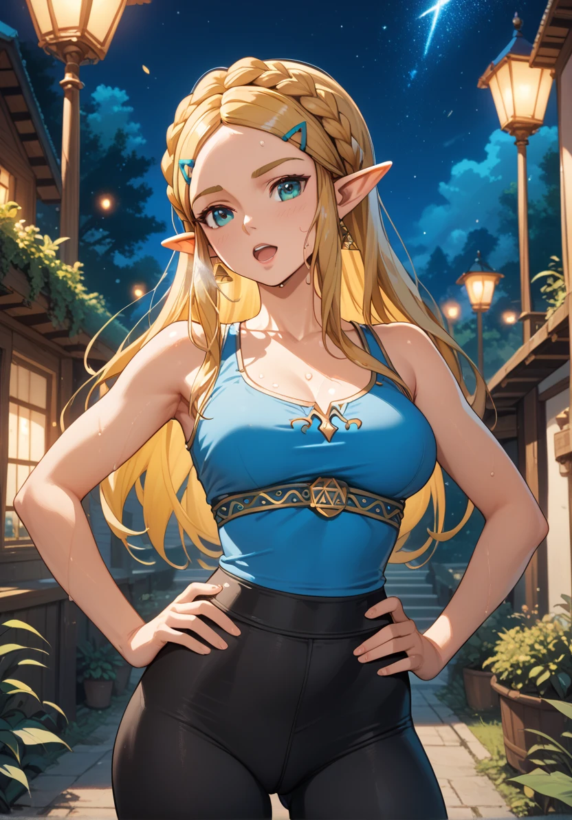 masterpiece, best quality, highres, aazelda, Princess_Zelda, long hair, crown braid, hairclip, pointy ears, blue tanktop,, black pants with yellow stripes, tight pants, night, standing, cowboy shot, outdoors, out of breath, sweaty, sweating, hands on hips, open mouth 