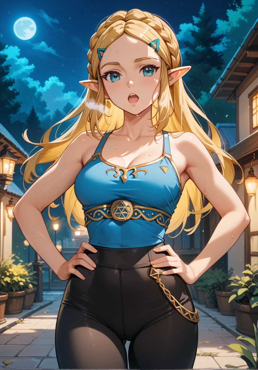 masterpiece, best quality, highres, aazelda, Princess_Zelda, long hair, crown braid, hairclip, pointy ears, blue tanktop,, black pants with yellow stripes, tight pants, night, standing, cowboy shot, outdoors, out of breath, sweaty, sweating, hands on hips, open mouth 