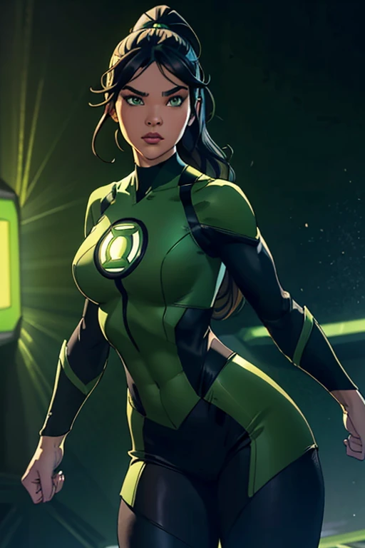 Hailee Steinfeld as green lantern, standing, green lantern costume, big boobs, round boobs, slim waist, wide hips, toned abs, thighs, navel, green lantern outfit,, , ponytail hairstyle, green eyes, long eyelashes, beautiful detailed eyes, beautiful detailed lips, beautiful detailed nose, dark grey background, dramatic lighting, cinematic composition