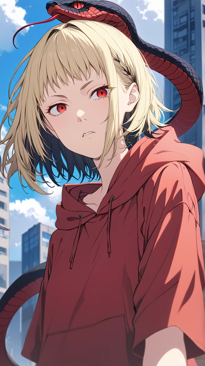  High Quality , 最 High Quality , masterpiece,  High Definition ,accurate,
In the city,商店In the city
1人の女の子, Blonde,  short hair, anime coloring ,  multi-colored hair ,  Bicolor Hair (Blonde), red eyes,Black hair on top of head only , straight hair, medium hair,side lock,Short bangs,Forehead,A mature atmosphere,medium height , Slender ,Blondeがベース, flat chest, cool woman ,A mature atmosphere,Calm woman ,
 Red Hoodie , black shorts 
, look, No Emotion, closeup , No Emotion,solo,  protrudes from the screen, Vertical pupil, Snake&#39;s Eyes, upper body only, very detailed,  High Details,
 Satu Stance, sticking one hand out of the viewer ,彼女は背後にSnake Devil を従えている,Snake Devil (white, her mouth big enough to swallow a building, larger than a building ), frontal angles,彼女の背後に大きなSnake Devil ,