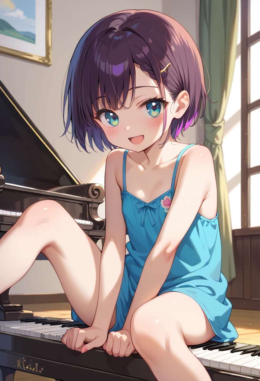 (( top quality )), ((masterpiece)), (be familiar with),  perfect face, indoor, bedroom,  watching viewers ,
One woman, Mikazuki Kan,
 open mouth,  ecstatic expression beside the piano, blush, smile,
 small ,  flat chest, Young girl, Lori,  ,  girl,
Short Hair,  short hair,
Leg spread,