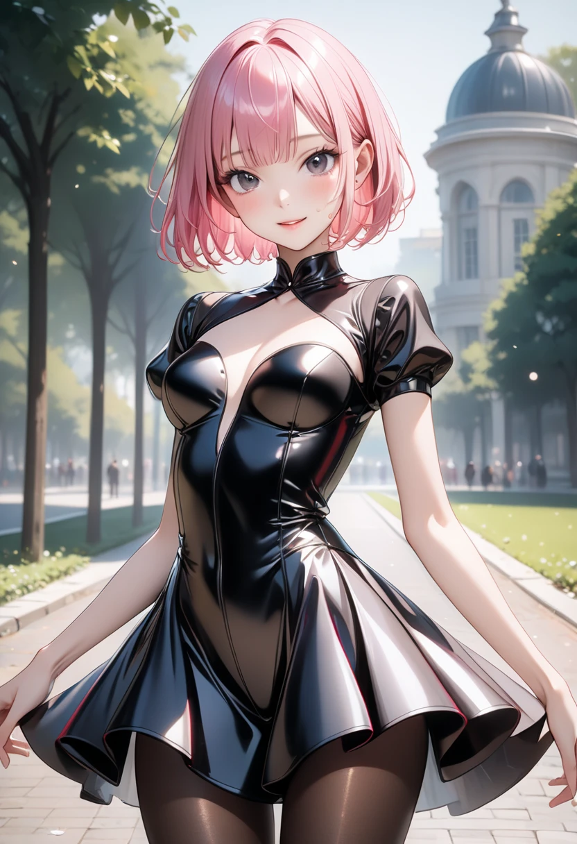 pink hair,heterochromia, short hair, Solo, Black stockings,{{Best quality}}, {{Masterpiece}}, {{Ultra-detailed}}, {illustration}, {Detailed light}, {An extremely delicate and beautiful},sexy, leather clothes, looking at viewer