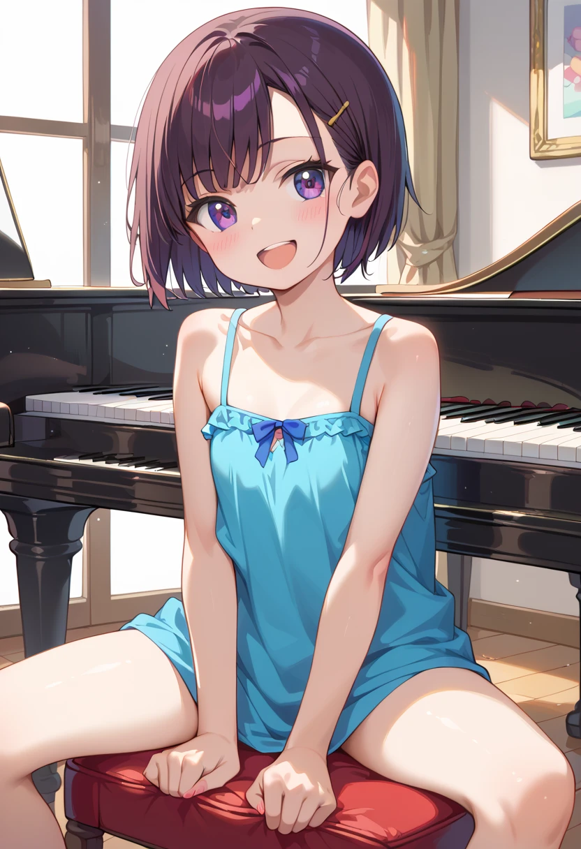 (( top quality )), ((masterpiece)), (be familiar with),  perfect face, indoor, bedroom,  watching viewers ,
One woman, Mikazuki Kan,
 open mouth,  ecstatic expression beside the piano, blush, smile,
 small ,  flat chest, Young girl, Lori,  kids,  girl,
Short Hair,  short hair,
Leg spread,